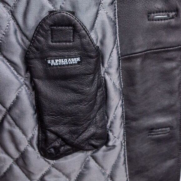 Men's Large Jacket U.S. POLO ASSOC Black Genuine Leather Overcoat Dress Coat - Picture 4 of 7